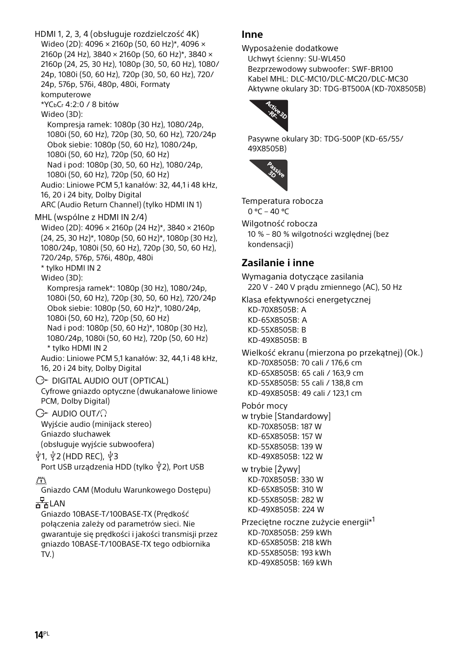 Inne, Zasilanie i inne | Sony KD-49X8505B User Manual | Page 186 / 328