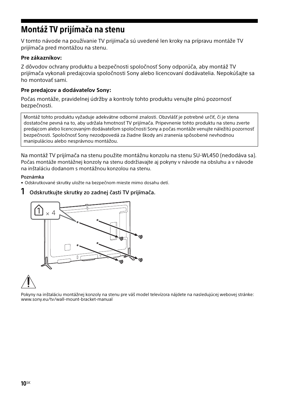 Montáž tv prijímača na stenu | Sony KD-49X8505B User Manual | Page 212 / 328