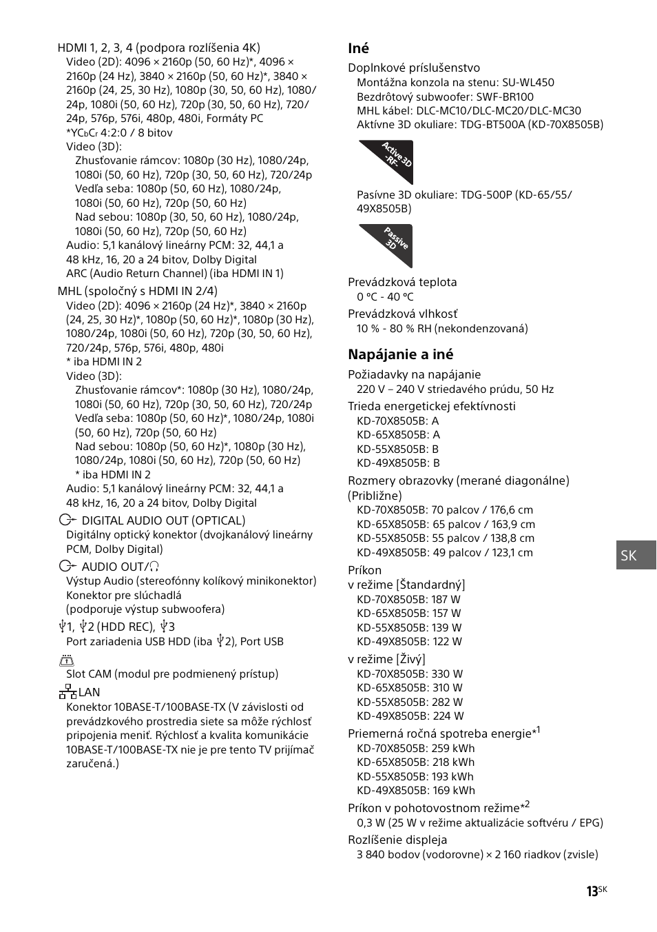 Sk 13, Napájanie a iné | Sony KD-49X8505B User Manual | Page 215 / 328