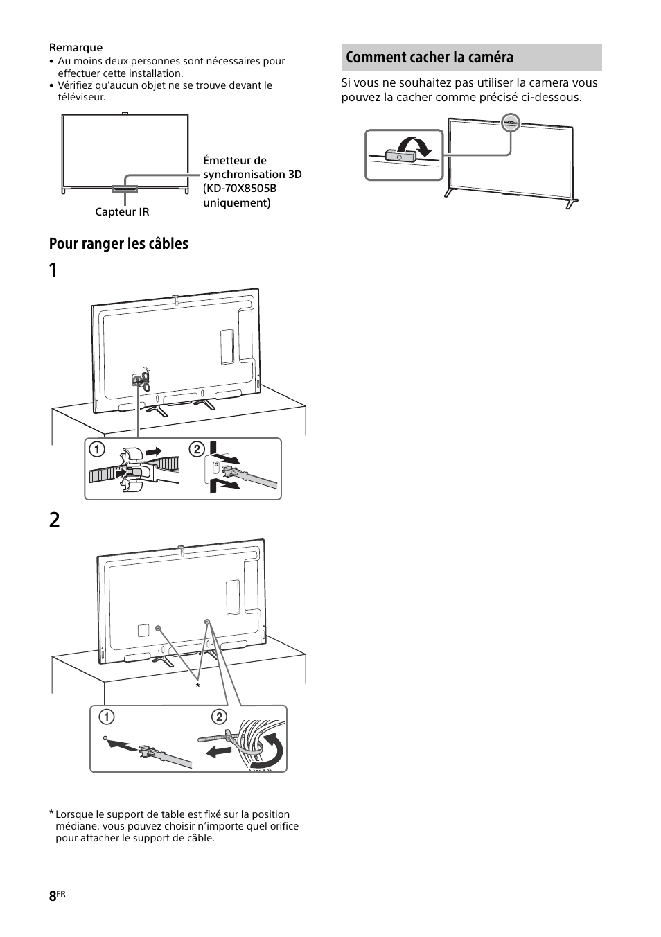 Comment cacher la caméra, Pour ranger les câbles | Sony KD-49X8505B User Manual | Page 24 / 328