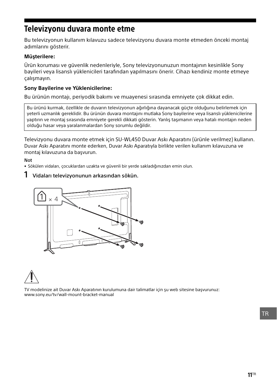 Televizyonu duvara monte etme | Sony KD-49X8505B User Manual | Page 289 / 328