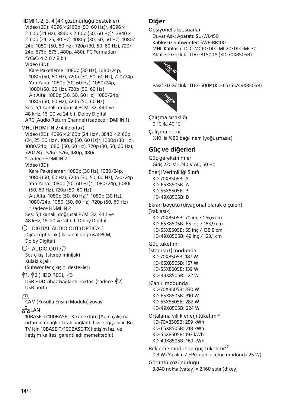 Diğer, Güç ve diğerleri | Sony KD-49X8505B User Manual | Page 292 / 328