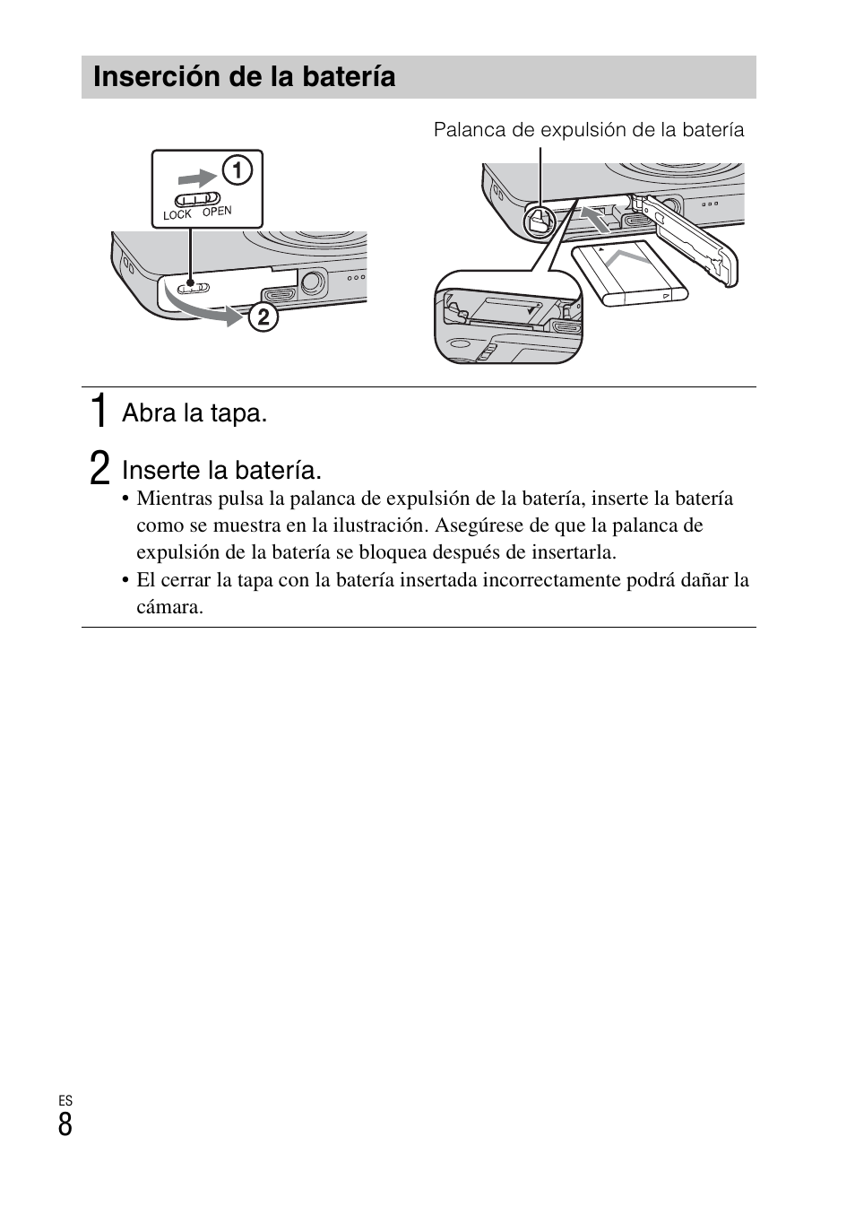 Inserción de la batería | Sony DSC-WX60 User Manual | Page 112 / 611