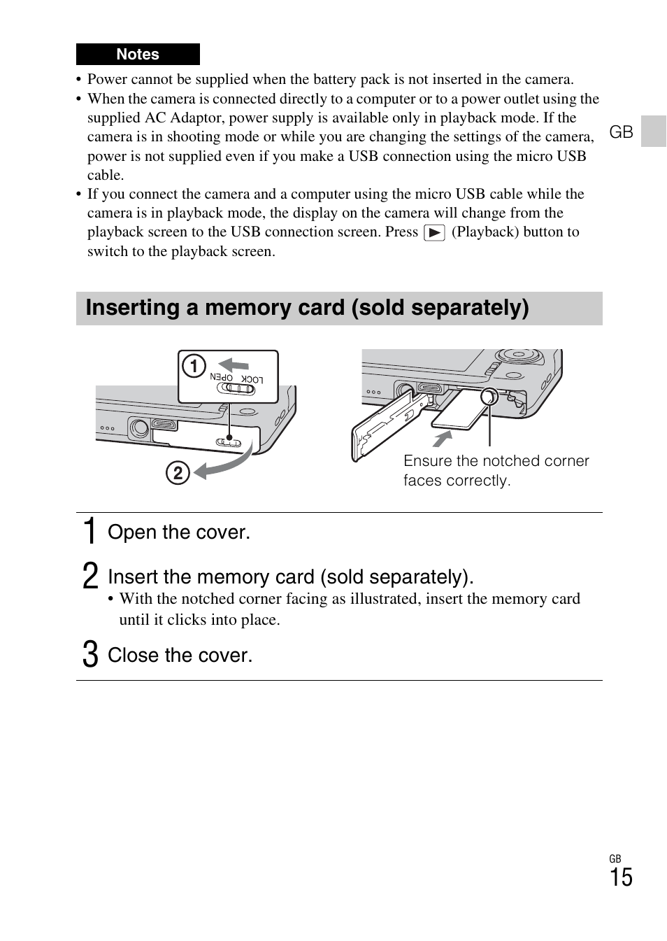 Inserting a memory card (sold separately) | Sony DSC-WX60 User Manual | Page 15 / 611
