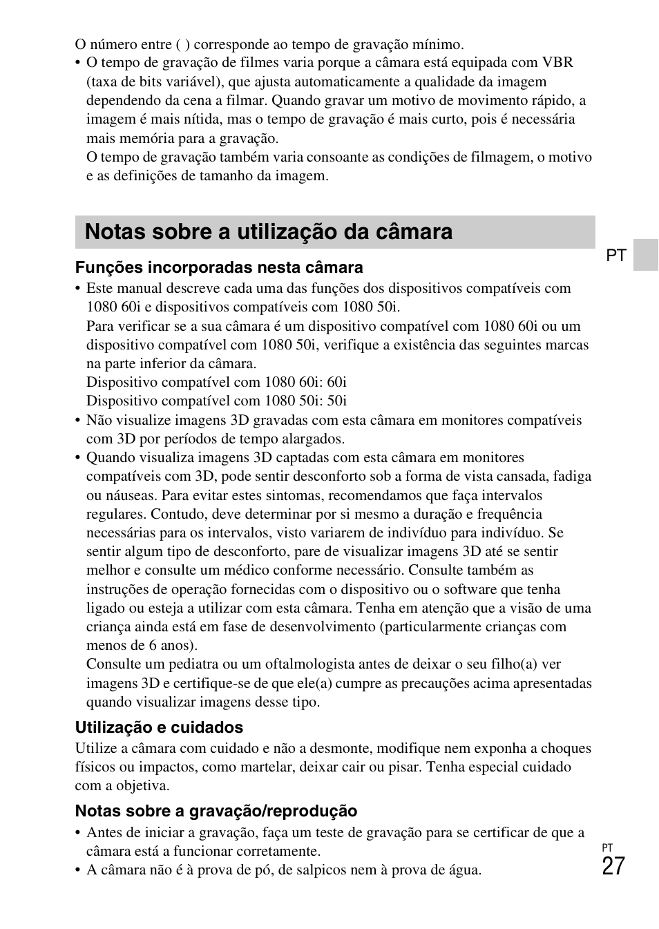 Notas sobre a utilização da câmara | Sony DSC-WX60 User Manual | Page 167 / 611