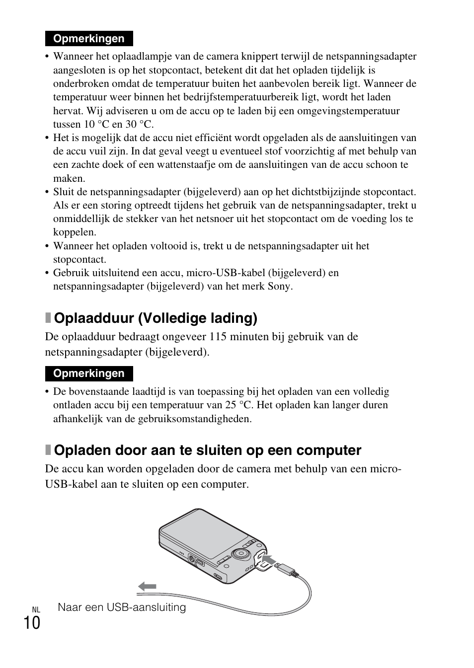 Xoplaadduur (volledige lading), Xopladen door aan te sluiten op een computer | Sony DSC-WX60 User Manual | Page 218 / 611