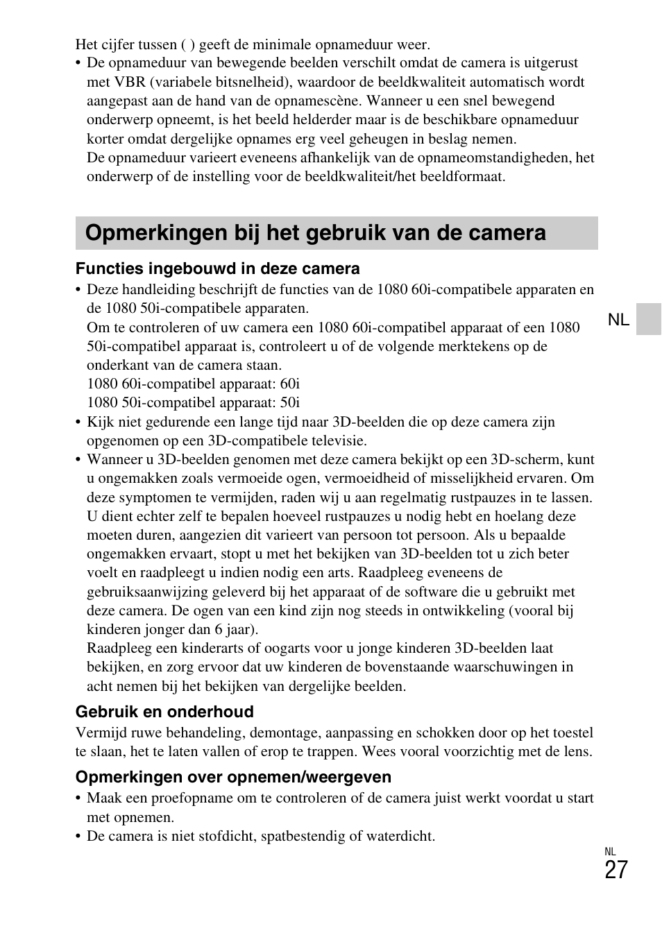 Opmerkingen bij het gebruik van de camera | Sony DSC-WX60 User Manual | Page 235 / 611