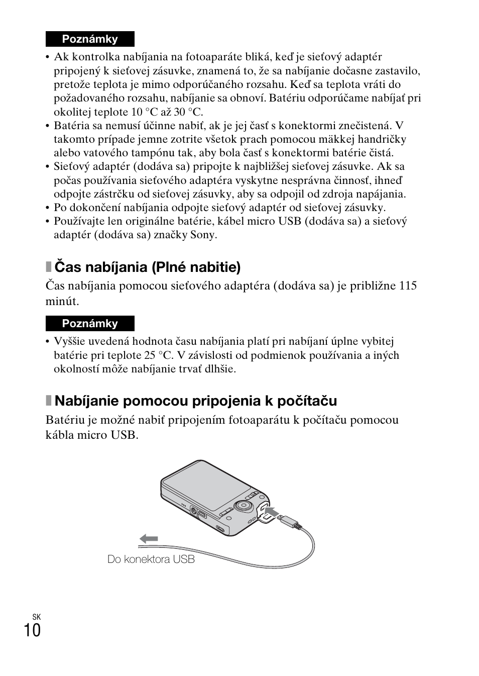 Xčas nabíjania (plné nabitie), Xnabíjanie pomocou pripojenia k počítaču | Sony DSC-WX60 User Manual | Page 354 / 611