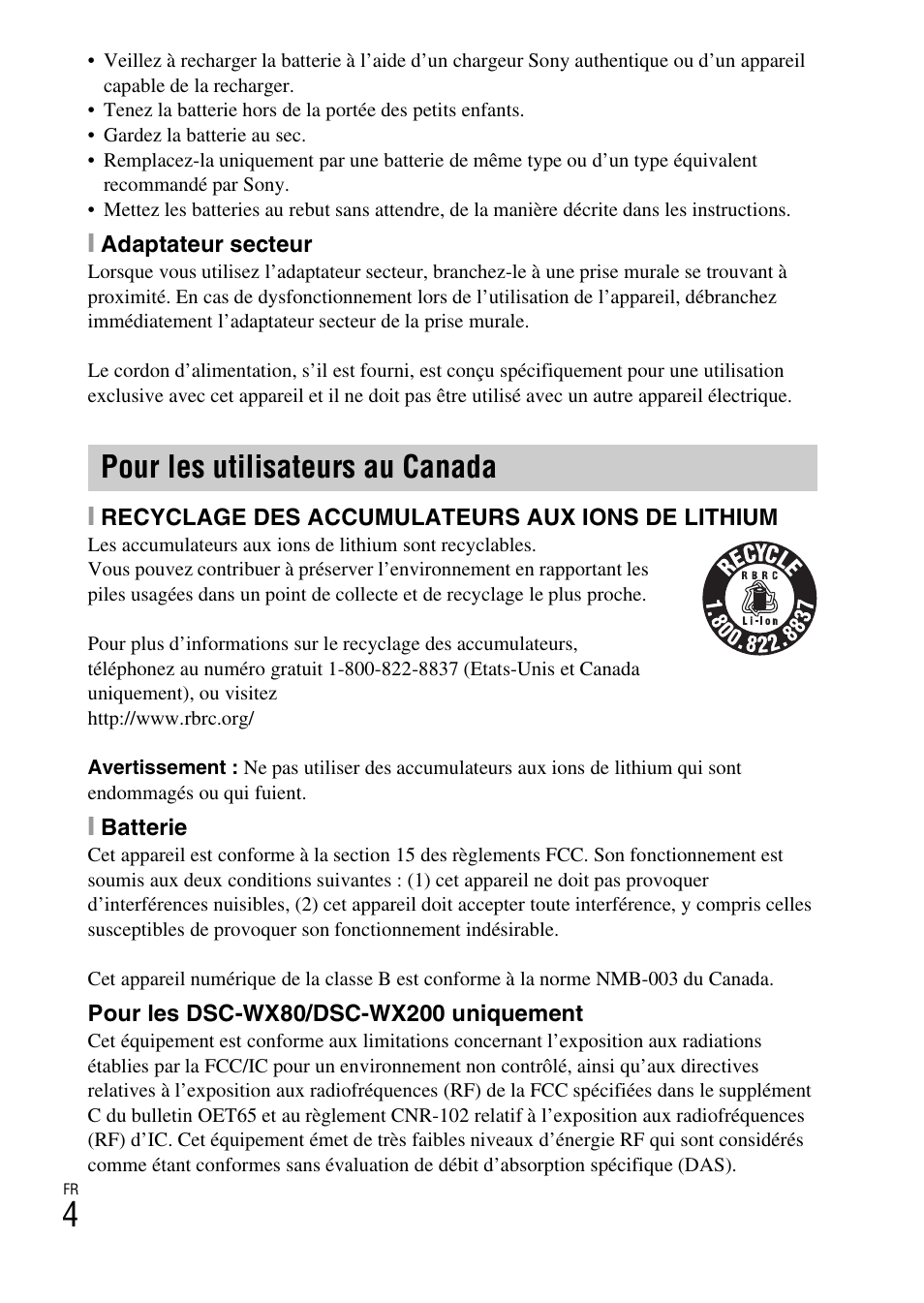 Pour les utilisateurs au canada | Sony DSC-WX60 User Manual | Page 38 / 611