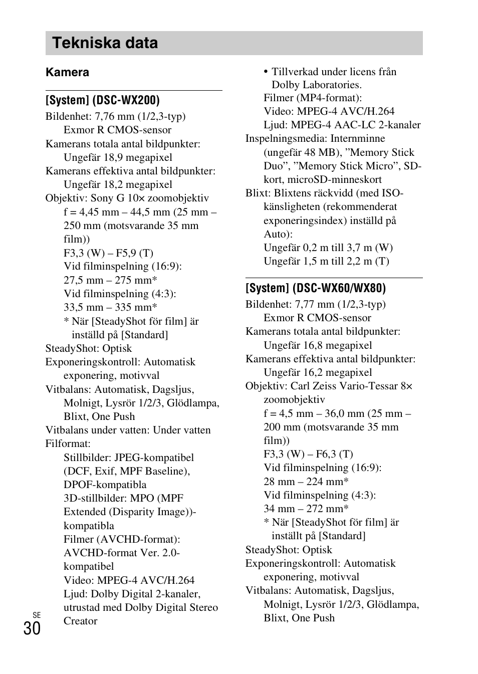 Tekniska data | Sony DSC-WX60 User Manual | Page 408 / 611