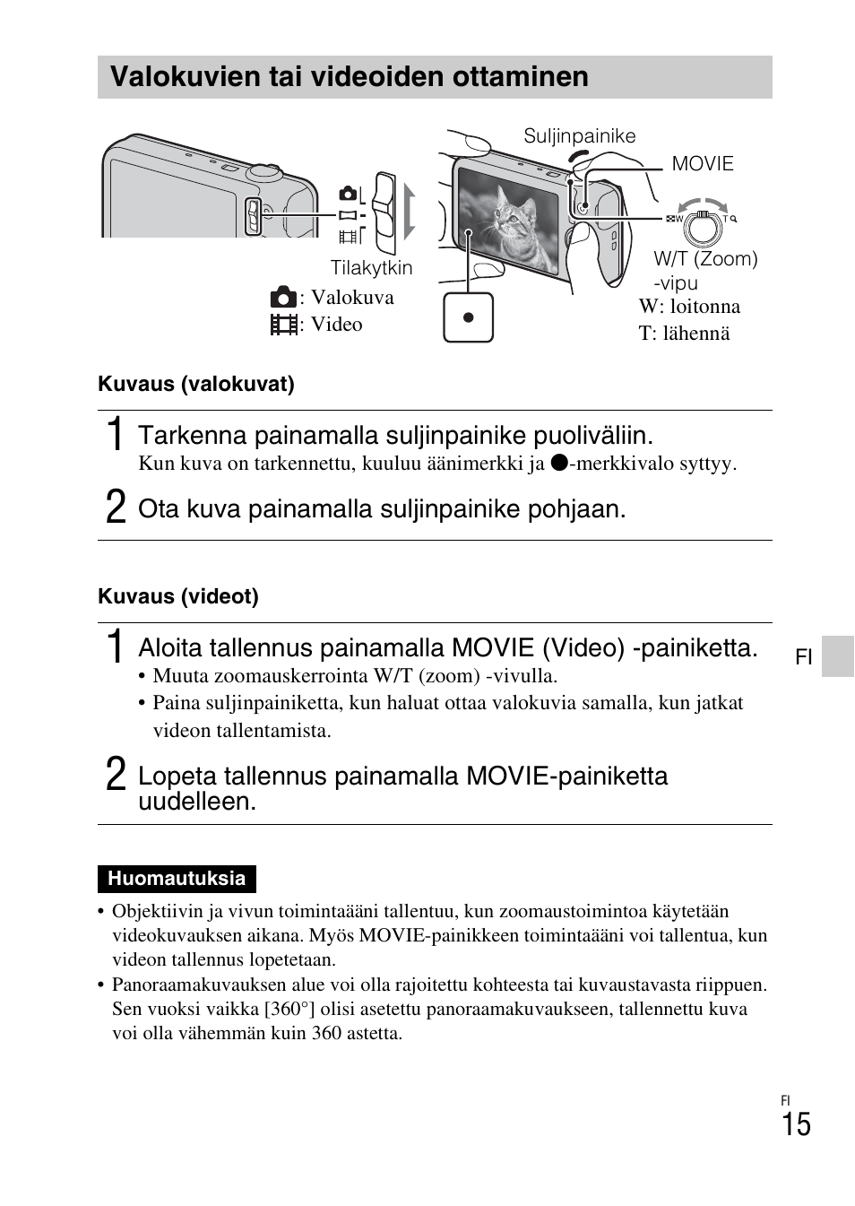 Valokuvien tai videoiden ottaminen | Sony DSC-WX60 User Manual | Page 425 / 611