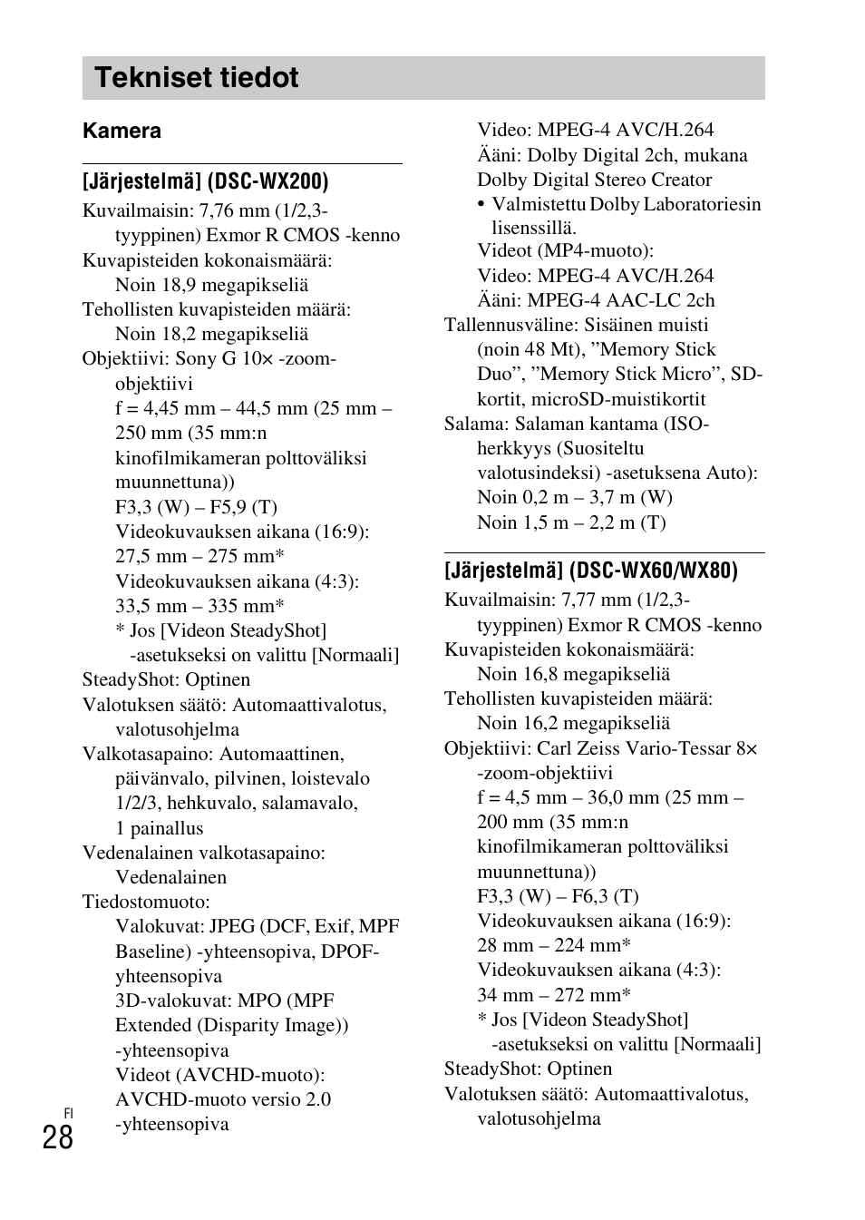 Tekniset tiedot | Sony DSC-WX60 User Manual | Page 438 / 611