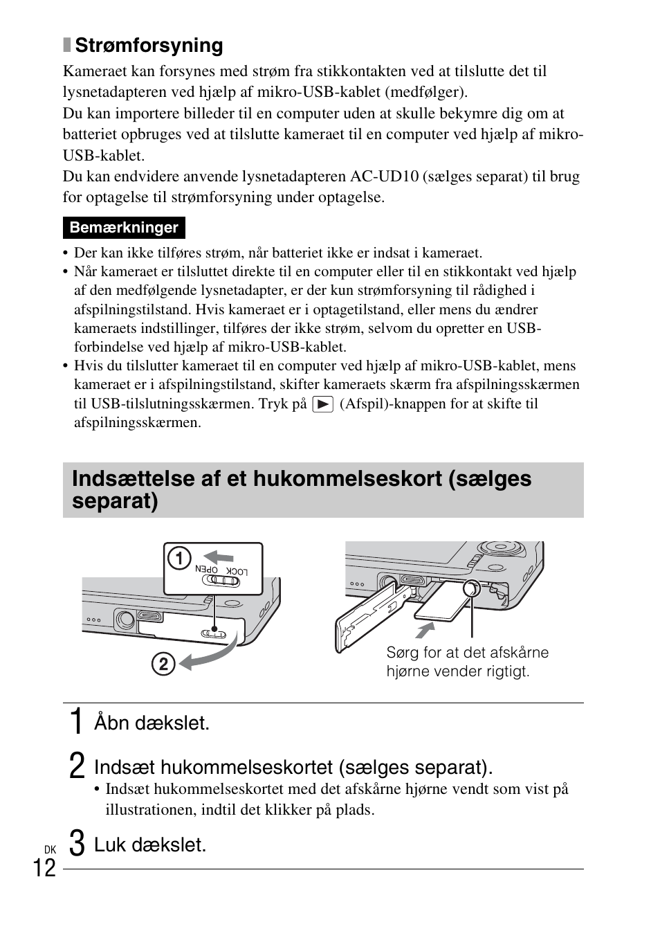 Indsættelse af et hukommelseskort (sælges separat) | Sony DSC-WX60 User Manual | Page 484 / 611