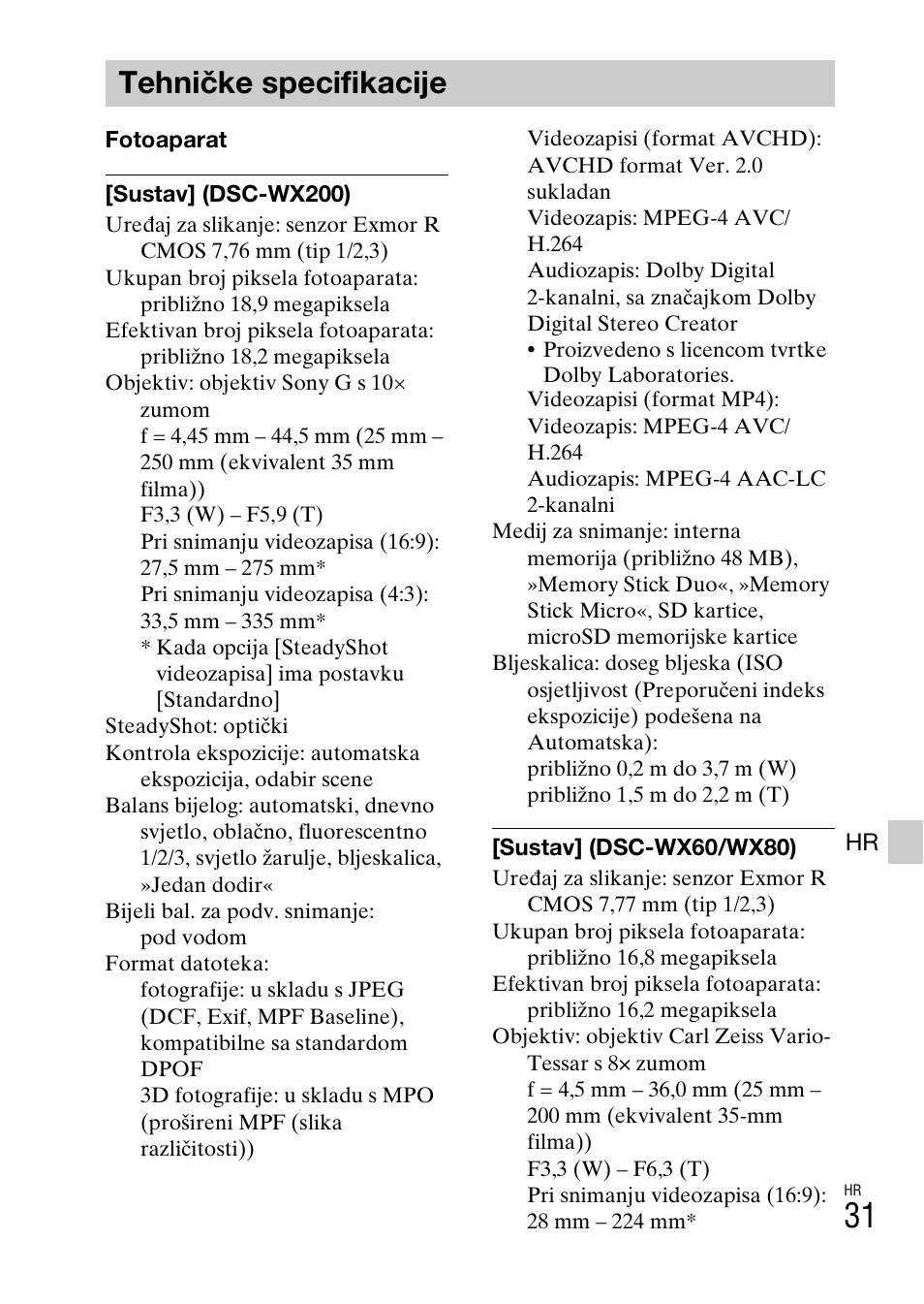 Tehničke specifikacije | Sony DSC-WX60 User Manual | Page 533 / 611