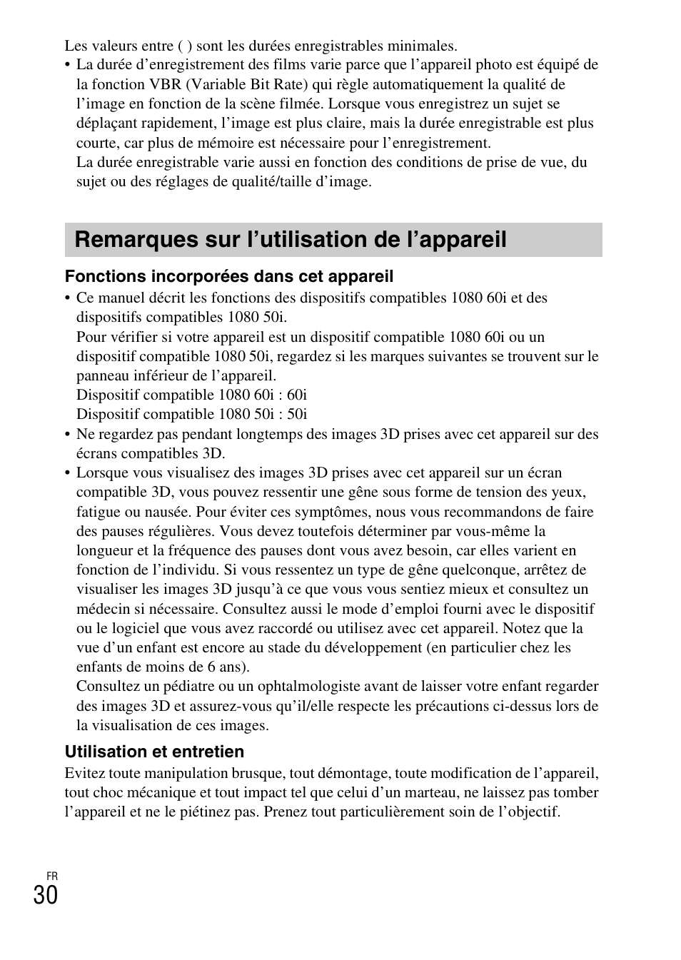 Remarques sur l’utilisation de l’appareil | Sony DSC-WX60 User Manual | Page 64 / 611