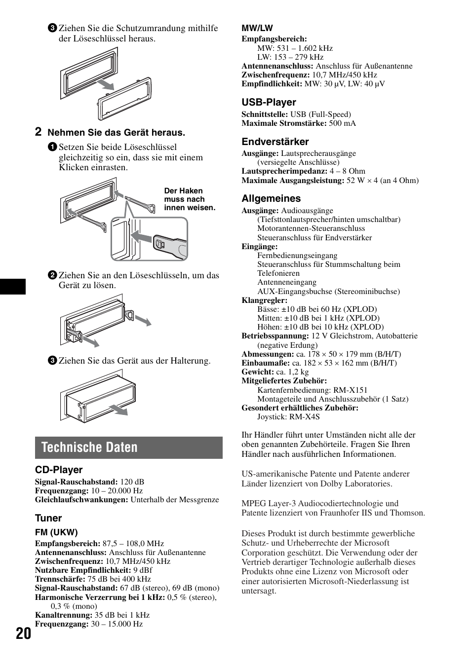 Technische daten | Sony CDX-GT420U User Manual | Page 40 / 112