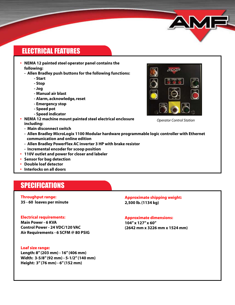 Electrical features, Specifications | AMF MARK 60 User Manual | Page 3 / 4