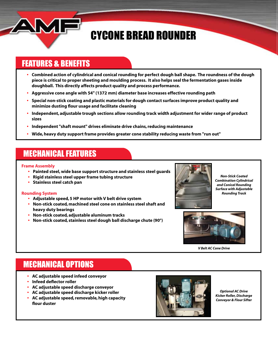 Cycone bread rounder, Features, Benefits mechanical features mechanical options | AMF Cycone Bread Rounder User Manual | Page 2 / 4