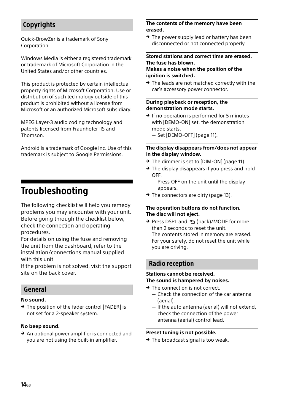 Troubleshooting, Copyrights, General | Radio reception | Sony CDX-G1000U User Manual | Page 14 / 84