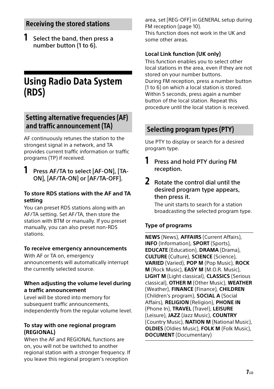 Using radio data system (rds) | Sony CDX-G1000U User Manual | Page 7 / 84