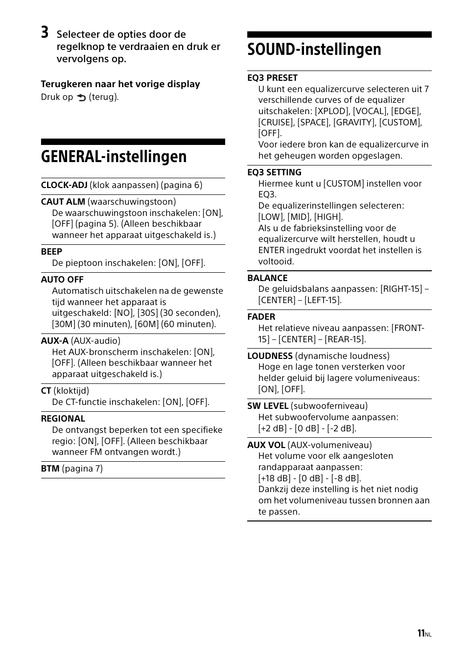 General-instellingen, Sound-instellingen, Eq3 preset | Eq3 setting, General-instellingen sound-instellingen, Eq3 preset eq3 setting | Sony CDX-G1000U User Manual | Page 77 / 84
