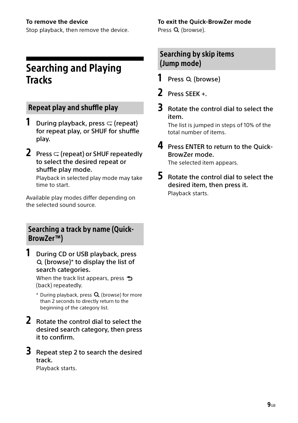 Searching and playing tracks, Searching and playing tracks 1 | Sony CDX-G1000U User Manual | Page 9 / 84