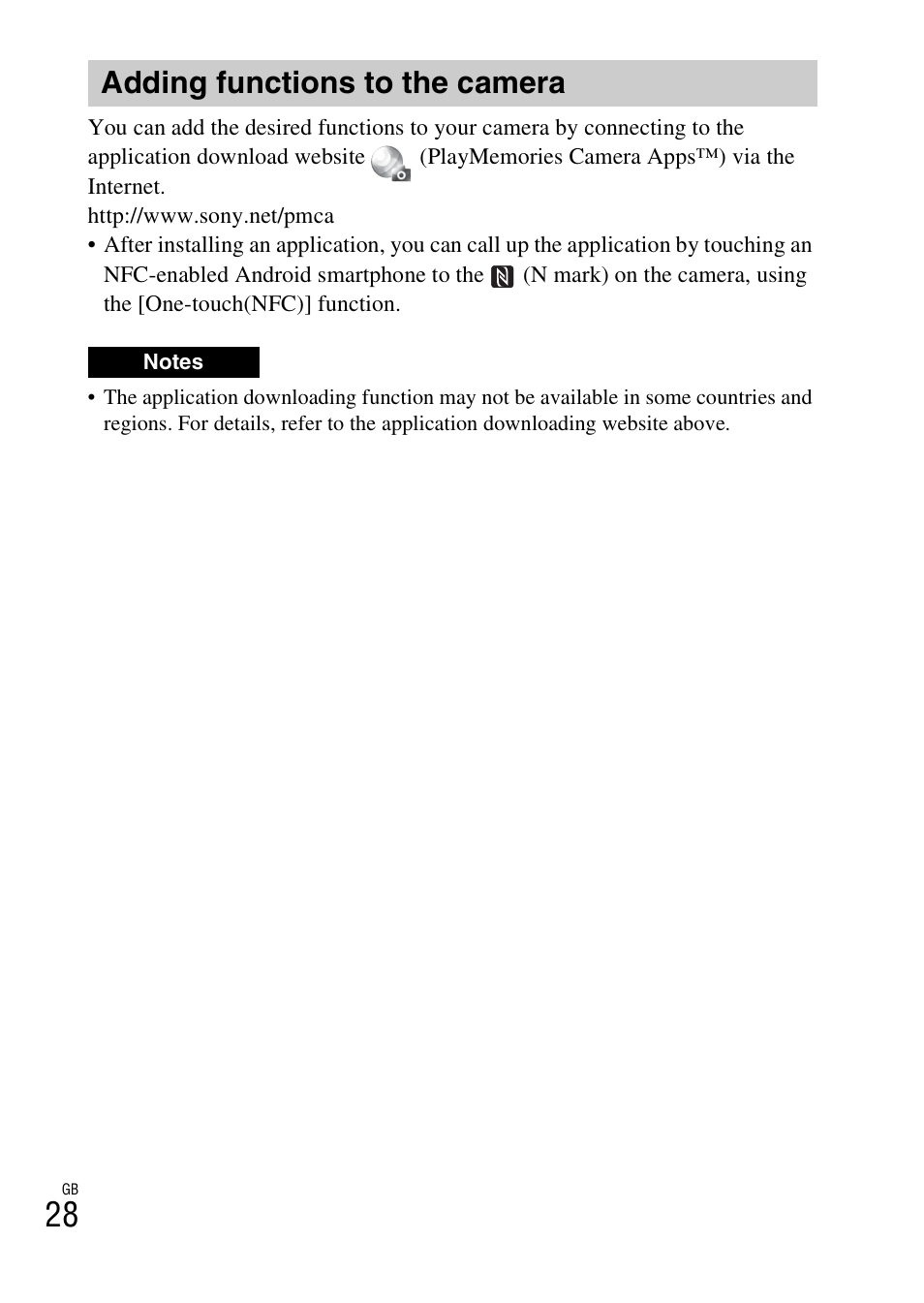 Adding functions to the camera, P. 28 | Sony ILCE-6000L User Manual | Page 28 / 519