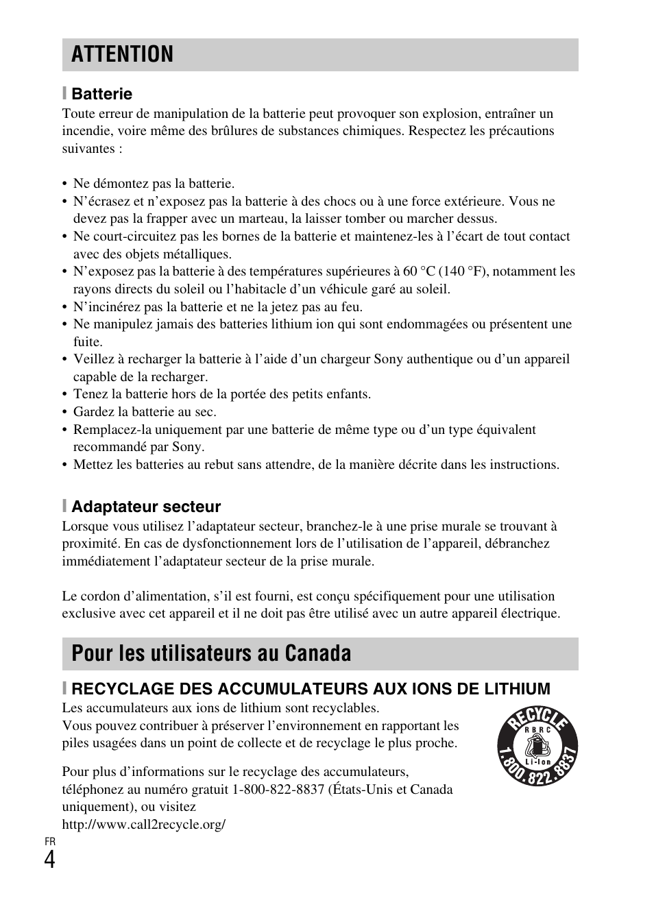 Attention pour les utilisateurs au canada | Sony ILCE-6000L User Manual | Page 40 / 519