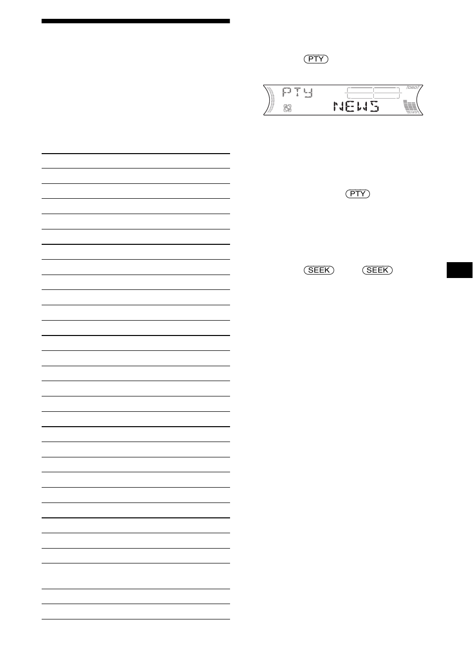 Pty (programme types, tipi di programma), Sintonizzazione delle stazioni in base al tipo di | Sony MDX-F5800 User Manual | Page 111 / 156