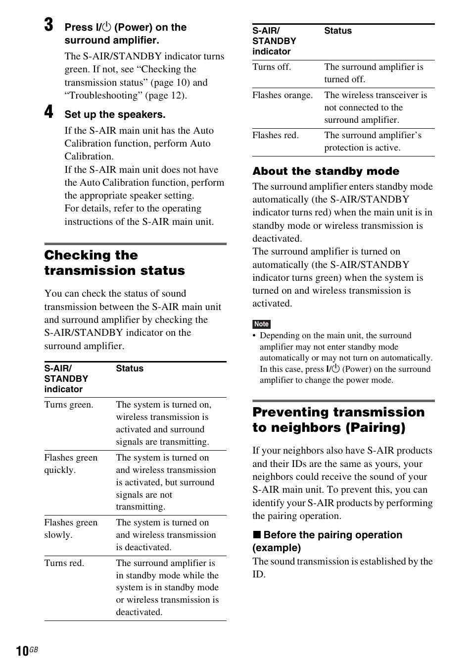 Checking the transmission status, Preventing transmission to neighbors (pairing) | Sony WAHT-SBP2 User Manual | Page 10 / 140