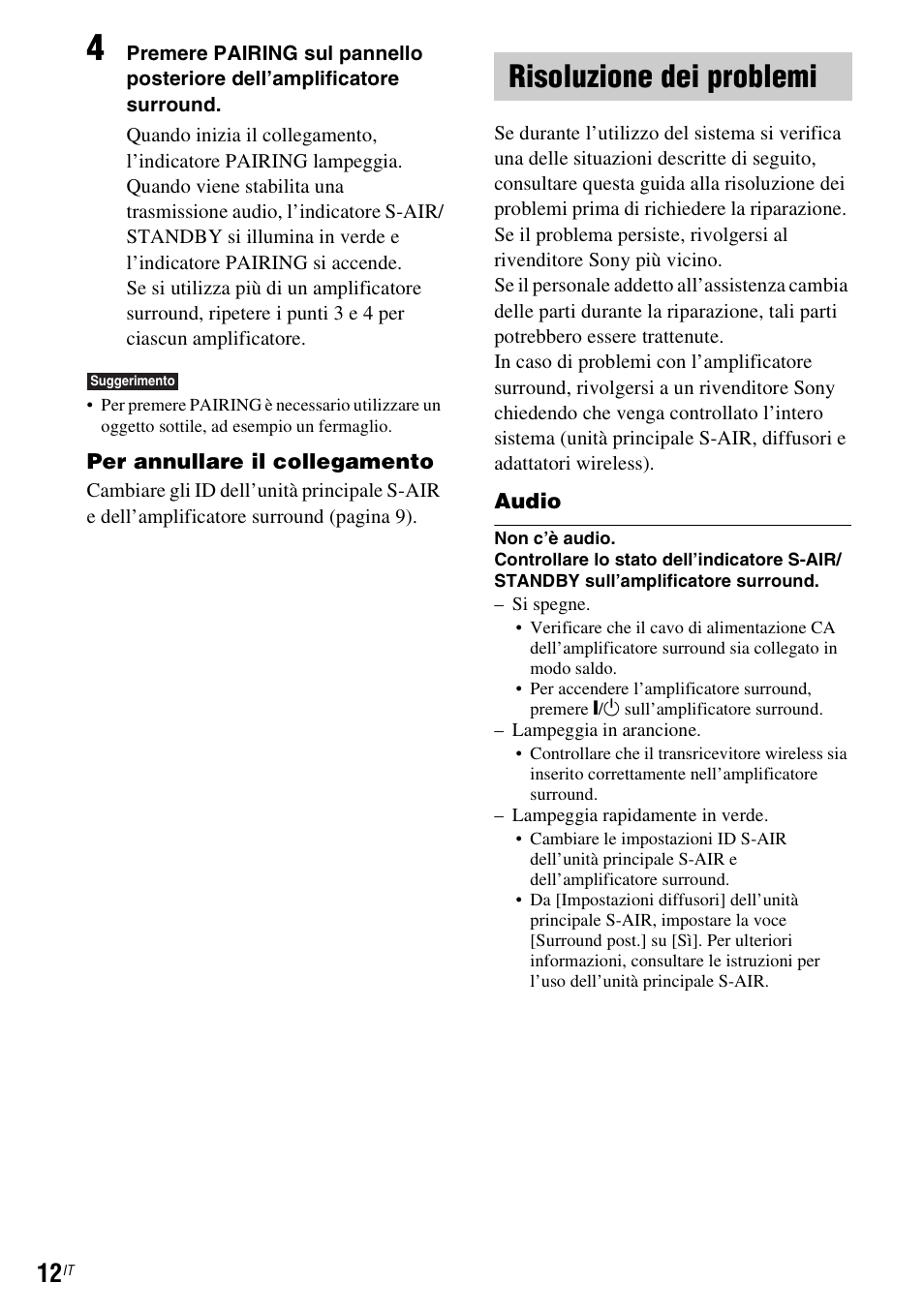 Risoluzione dei problemi | Sony WAHT-SBP2 User Manual | Page 102 / 140