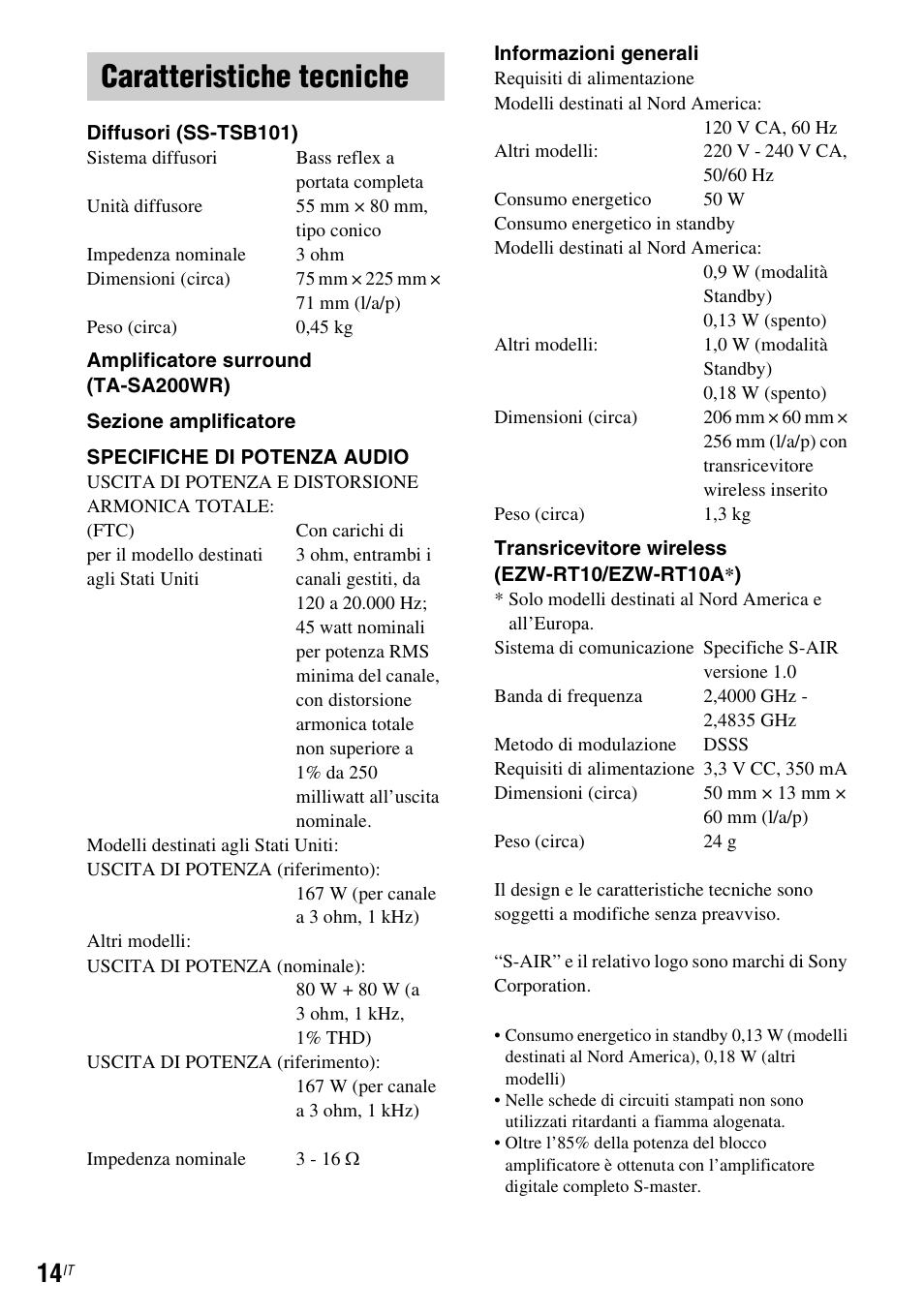 Caratteristiche tecniche | Sony WAHT-SBP2 User Manual | Page 104 / 140