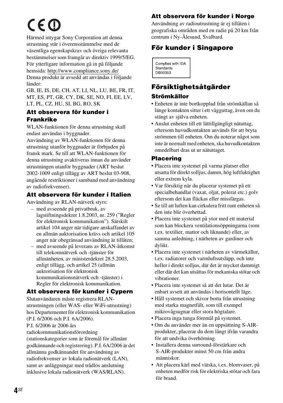 För kunder i singapore försiktighetsåtgärder | Sony WAHT-SBP2 User Manual | Page 108 / 140