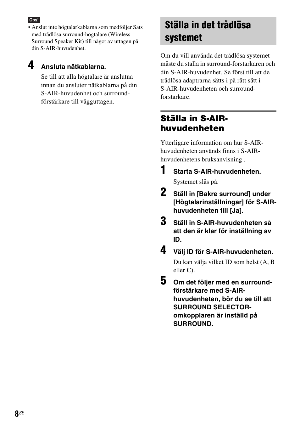 Ställa in det trådlösa systemet, Ställa in s-air-huvudenheten | Sony WAHT-SBP2 User Manual | Page 112 / 140