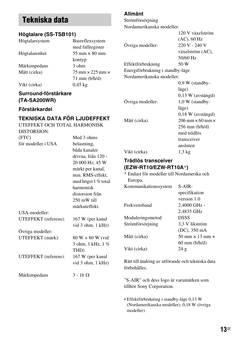 Tekniska data | Sony WAHT-SBP2 User Manual | Page 117 / 140