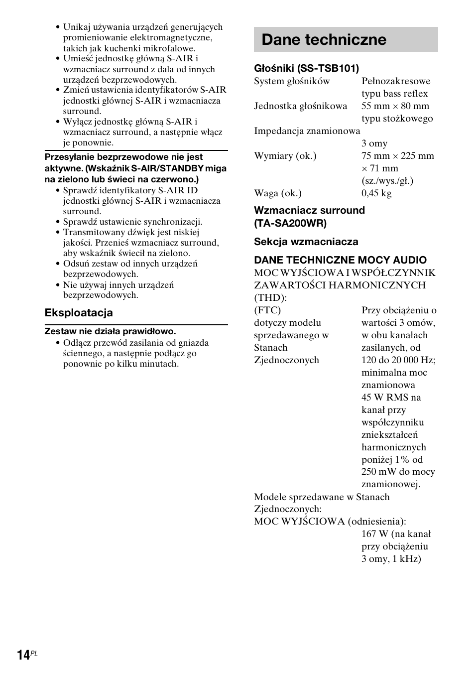 Dane techniczne | Sony WAHT-SBP2 User Manual | Page 132 / 140
