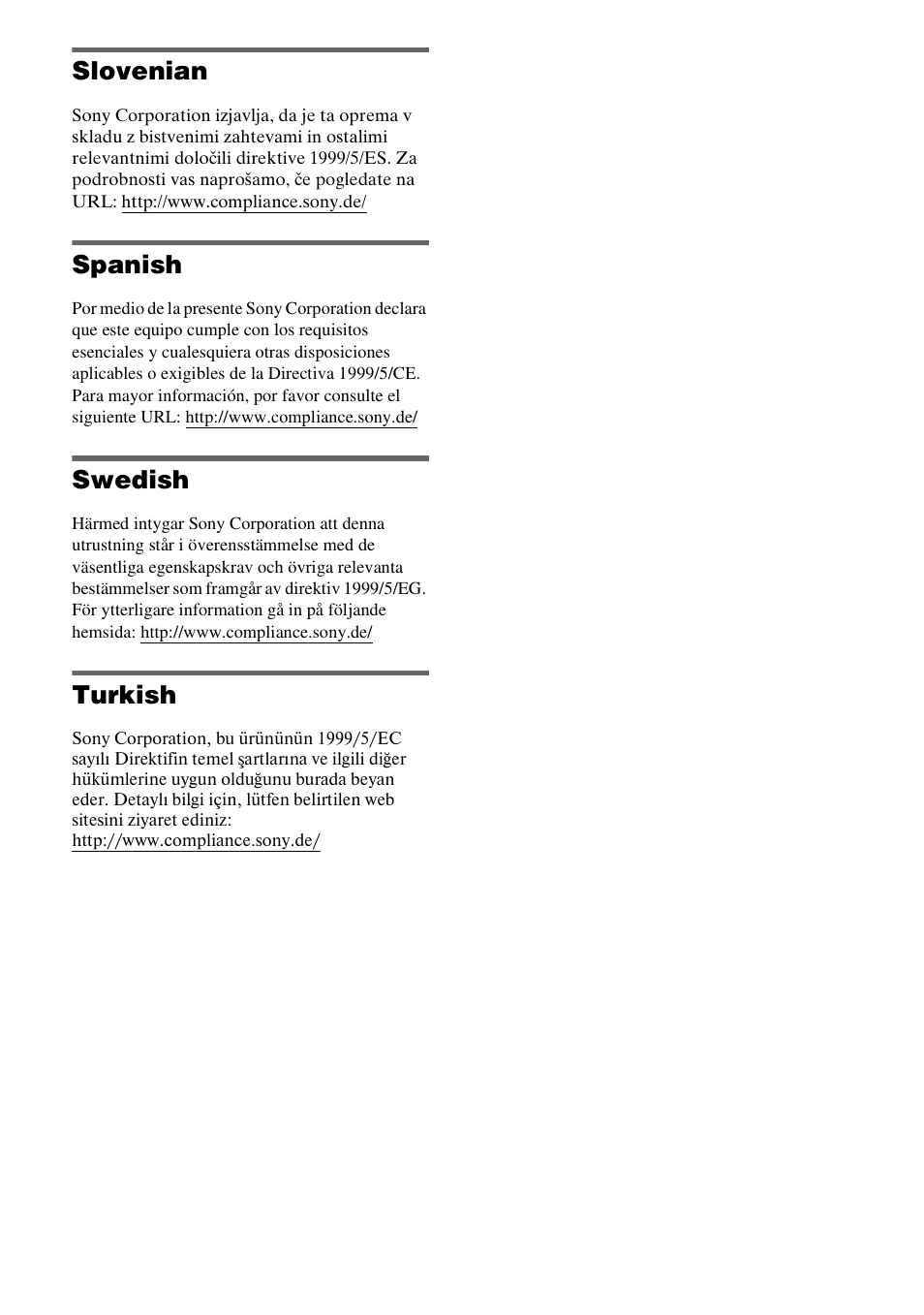 Slovenian, Spanish, Swedish | Turkish | Sony WAHT-SBP2 User Manual | Page 137 / 140