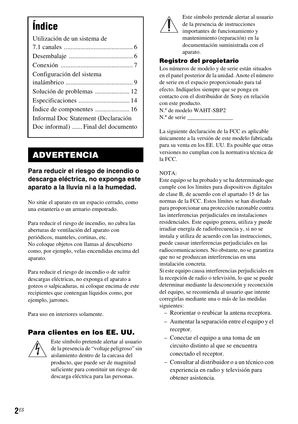 Advertencia, Índice | Sony WAHT-SBP2 User Manual | Page 32 / 140