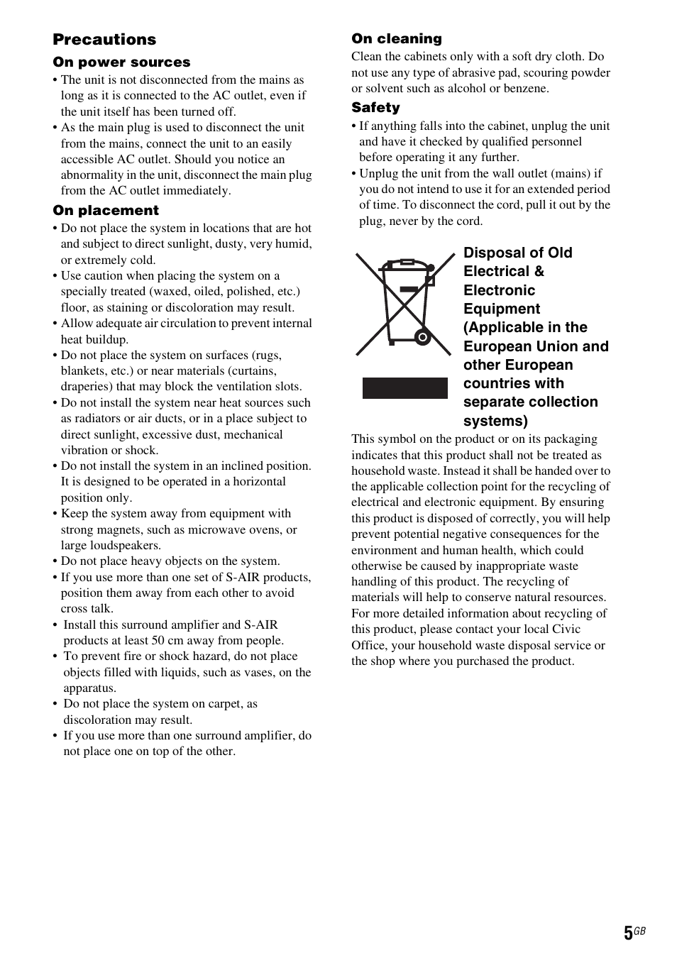 Precautions | Sony WAHT-SBP2 User Manual | Page 5 / 140