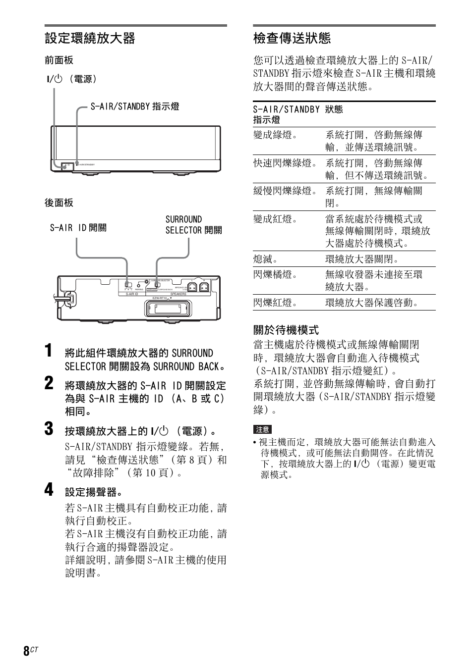 設定環繞放大器, 檢查傳送狀態, 關於待機模式 | Sony WAHT-SBP2 User Manual | Page 54 / 140