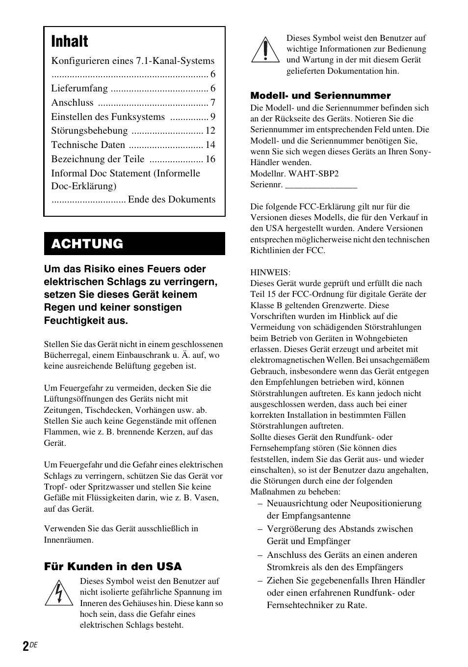 Achtung, Inhalt | Sony WAHT-SBP2 User Manual | Page 60 / 140
