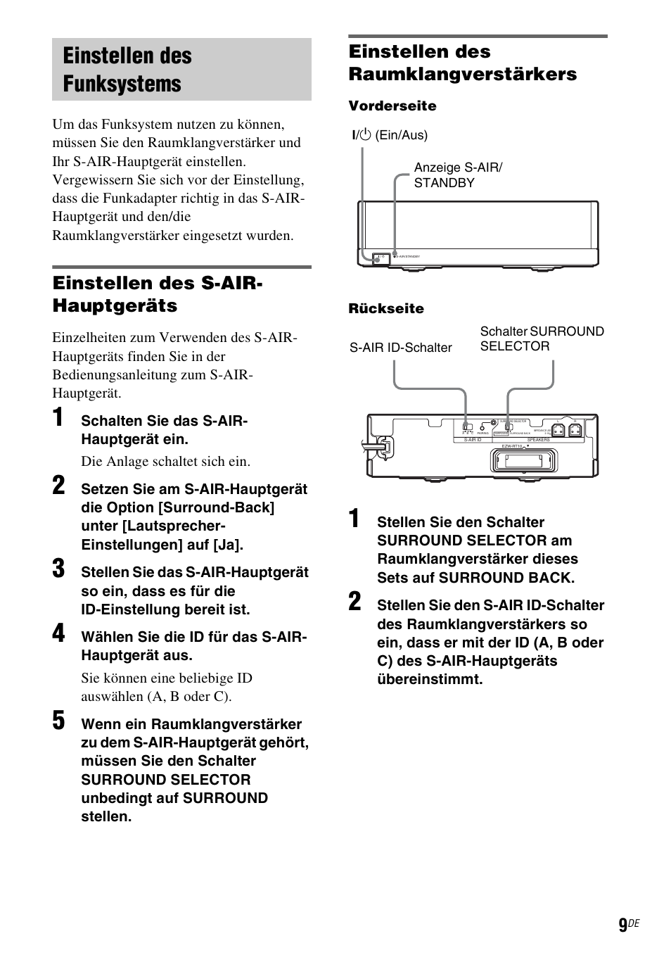 Einstellen des funksystems, Einstellen des s-air-hauptgeräts, Einstellen des raumklangverstärkers | Einstellen des s-air- hauptgeräts | Sony WAHT-SBP2 User Manual | Page 67 / 140