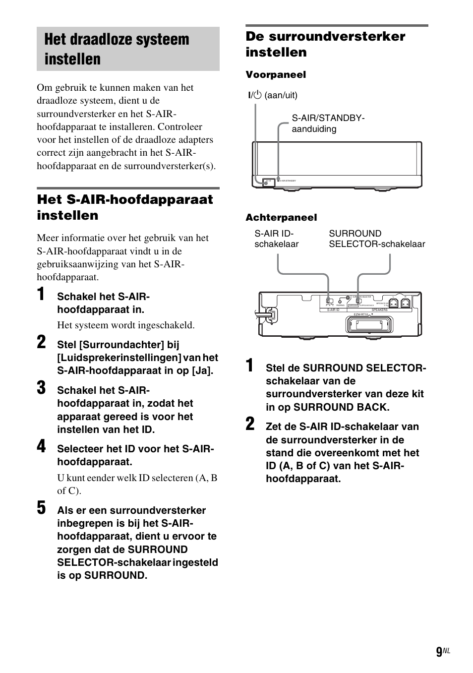 Het draadloze systeem instellen, Het s-air-hoofdapparaat instellen, De surroundversterker instellen | Sony WAHT-SBP2 User Manual | Page 83 / 140