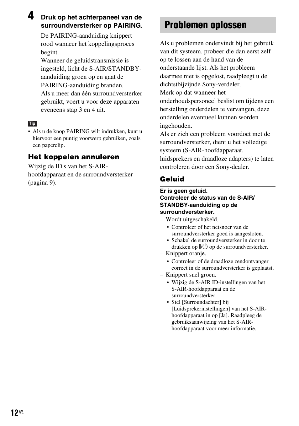 Problemen oplossen | Sony WAHT-SBP2 User Manual | Page 86 / 140