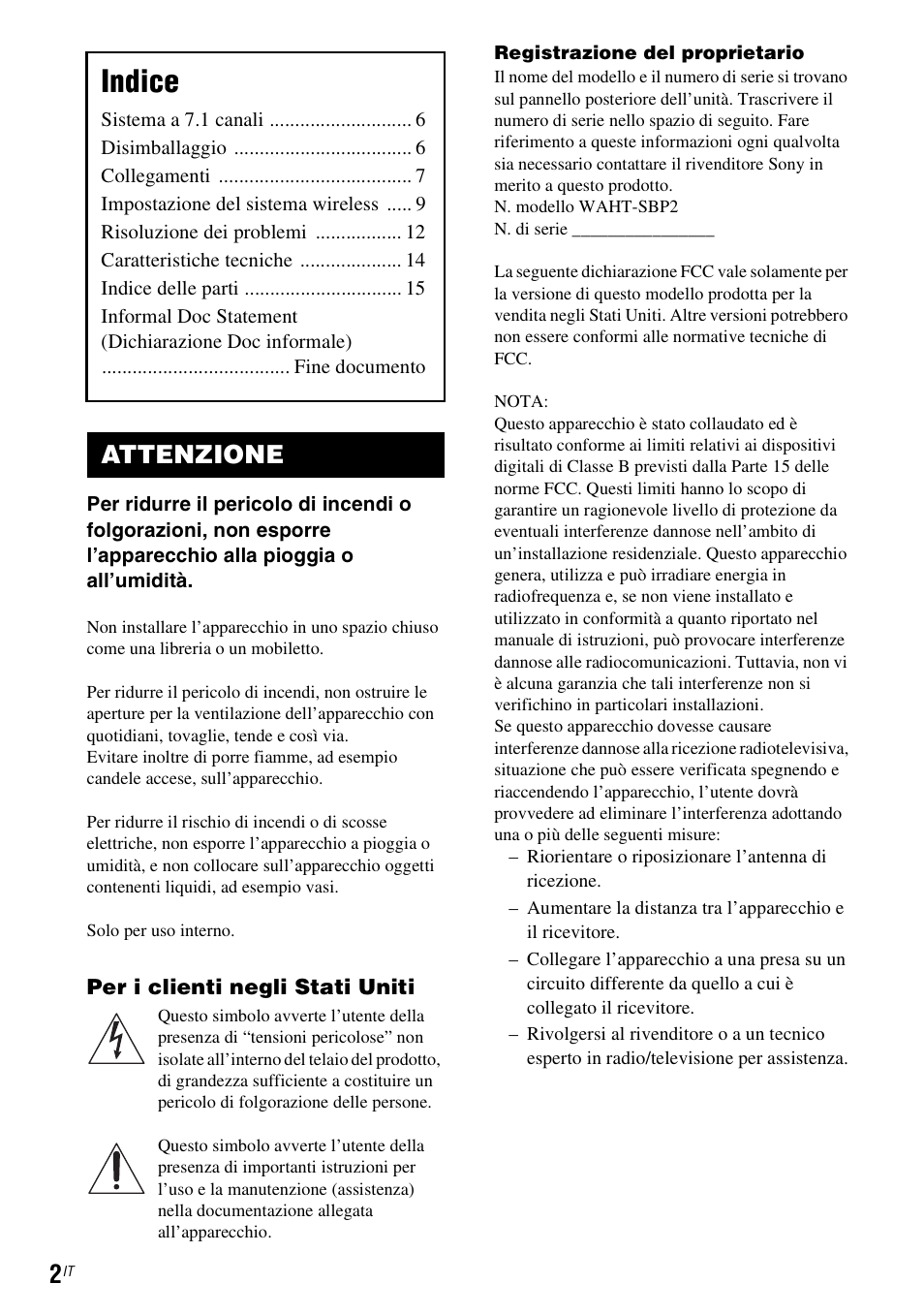 Attenzione, Indice | Sony WAHT-SBP2 User Manual | Page 92 / 140