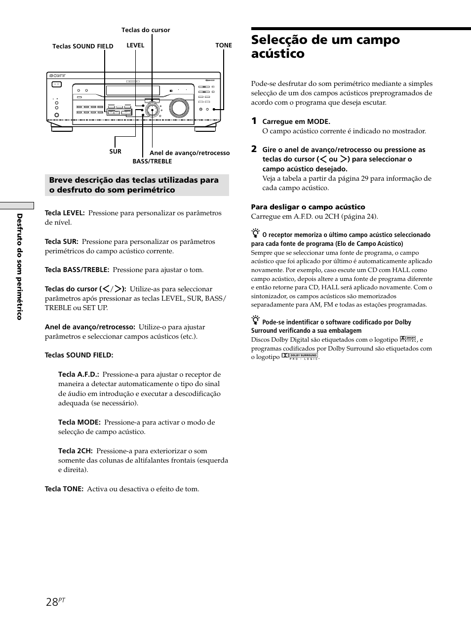 Selecção de um campo acústico, Desfruto do som perim é trico, Sur bass/treble level tone | Sony STR-SE501 User Manual | Page 196 / 226