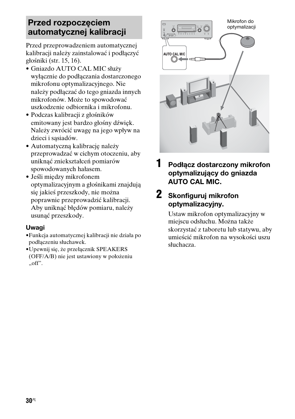 Przed rozpoczęciem automatycznej kalibracji, Skonfiguruj mikrofon optymalizacyjny | Sony STR-DG710 User Manual | Page 110 / 168