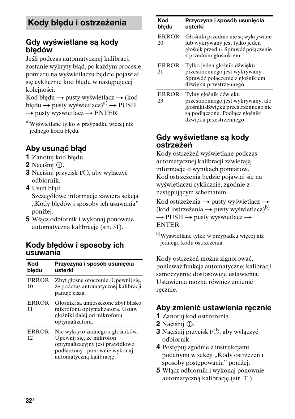 Kody błędu i ostrzeżenia, Gdy wyświetlane są kody błędów, Aby usunąć błąd | Aby zmienić ustawienia ręcznie | Sony STR-DG710 User Manual | Page 112 / 168
