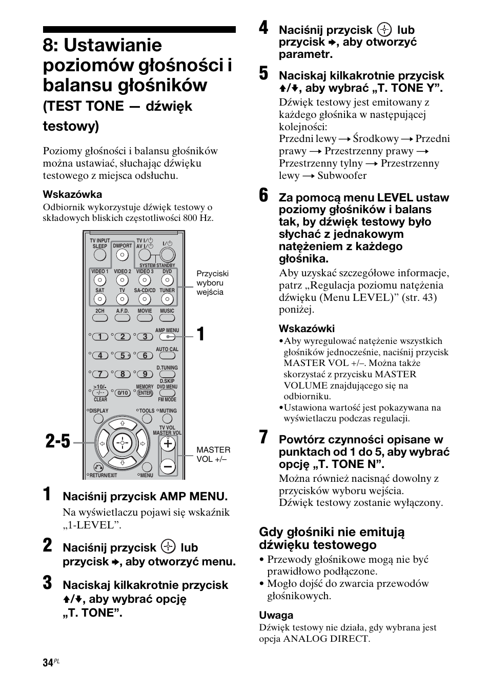 Ustawianie poziomów głośności i, Balansu głośników (test tone — dźwięk testowy), Ustawianie poziomów głośności i balansu głośników | Test tone — dźwięk testowy), Gdy głośniki nie emitują dźwięku testowego, Naciśnij przycisk amp menu | Sony STR-DG710 User Manual | Page 114 / 168