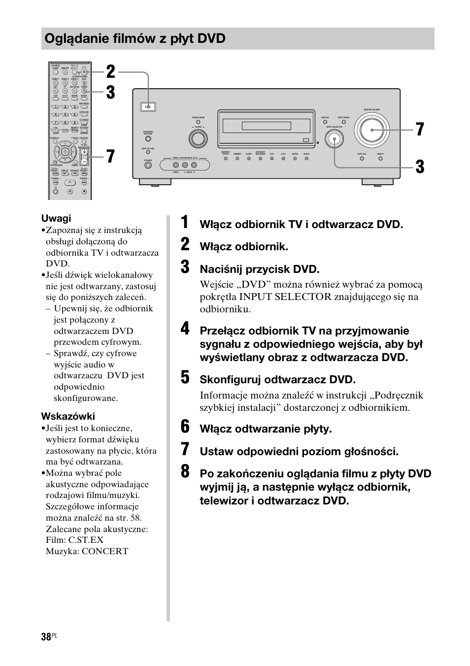 Oglądanie filmów z płyt dvd, Włącz odbiornik tv i odtwarzacz dvd, Włącz odbiornik | Naciśnij przycisk dvd, Skonfiguruj odtwarzacz dvd, Włącz odtwarzanie płyty, Ustaw odpowiedni poziom głośności, Uwagi, Wskazówki | Sony STR-DG710 User Manual | Page 118 / 168